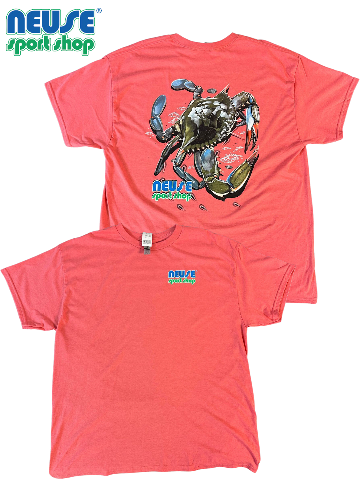 Neuse Sport Shop Blue Crab Short Sleeve Tee with NO Front Pocket Coral