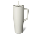 White ceramic mug with handle and straw lid on a white background