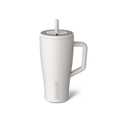 White mug with handle and straw lid on a white background, featuring the Brumate logo.