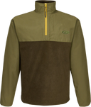 Two-tone green and brown pullover with a logo on a white background
