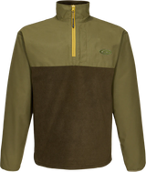 Two-tone green and brown pullover with a logo on a white background