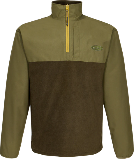 Two-tone green and brown pullover with a logo on a white background