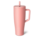 Pink insulated mug with a straw on a white background