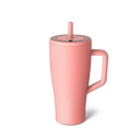 Pink insulated mug with handle and straw on a white background