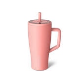 Pink insulated mug with handle and straw on a white background