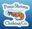 Logo of Pimp Shrimp Clothing Co. with a stylized shrimp on a blue background