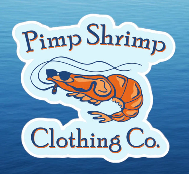Logo of Pimp Shrimp Clothing Co. with a stylized shrimp on a blue background