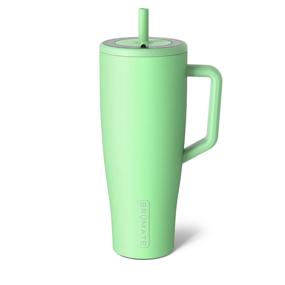 Green tumbler with handle and straw lid on a white background