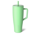 Green tumbler with handle and straw lid on a white background