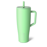 Green tumbler with handle and straw lid on a white background