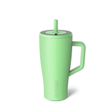Green tumbler with handle and straw lid on a white background