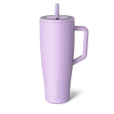Purple insulated mug with handle and straw lid on a white background