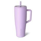 Purple insulated mug with handle and straw lid on a white background