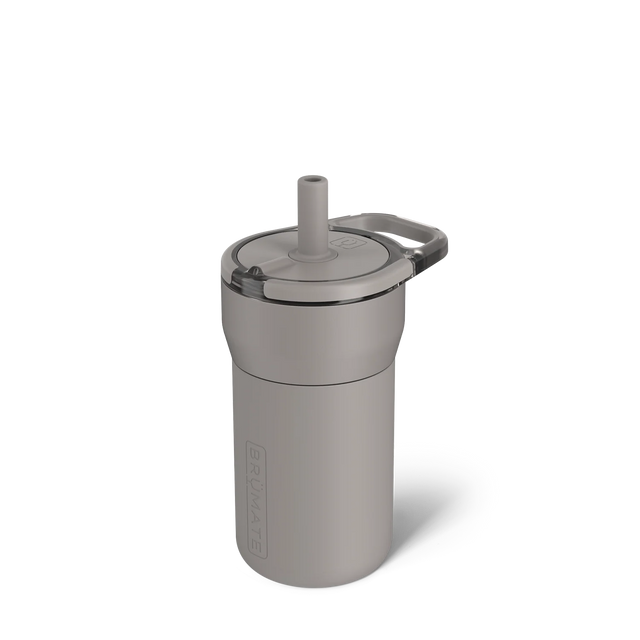 Gray tumbler with straw lid on a white background