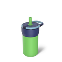 Green tumbler with a blue lid and straw on a white background
