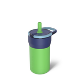 Green tumbler with a blue lid and straw on a white background