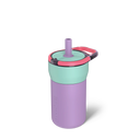 Colorful water bottle with a straw on a white background