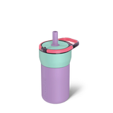 Colorful water bottle with a straw on a white background