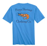 Blue t-shirt with 'Pimp Shrimp Clothing Co.' logo on the back