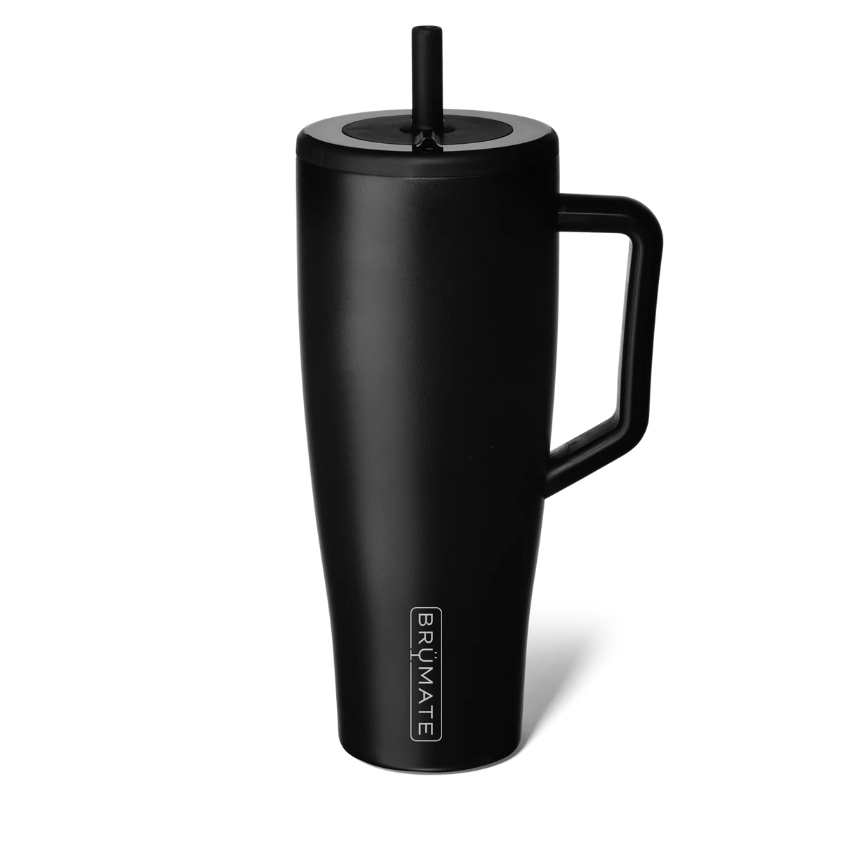 Black insulated mug with handle and straw lid on a white background, featuring the Brumate brand.