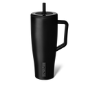 Black insulated mug with handle and straw lid on a white background, featuring the Brumate brand.
