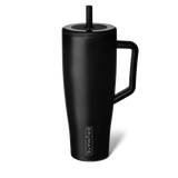 Black insulated mug with handle and straw lid on a white background, featuring the Brumate brand.
