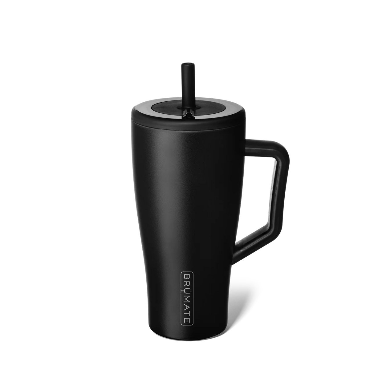 Black insulated mug with handle and straw lid on a white background, featuring the Brumate logo.