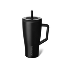 Black insulated mug with handle and straw lid on a white background, featuring the Brumate logo.