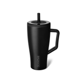 Black insulated mug with handle and straw lid on a white background, featuring the Brumate logo.