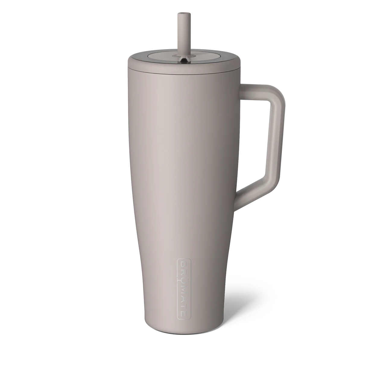 Beige mug with handle and straw lid on a white background