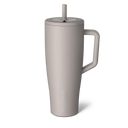 Beige mug with handle and straw lid on a white background