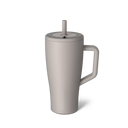 Beige mug with handle and straw lid on a white background
