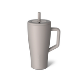 Beige mug with handle and straw lid on a white background