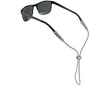 Sunglasses with a gray cord and black frame on a white background