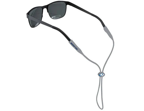 Sunglasses with a gray cord and black frame on a white background