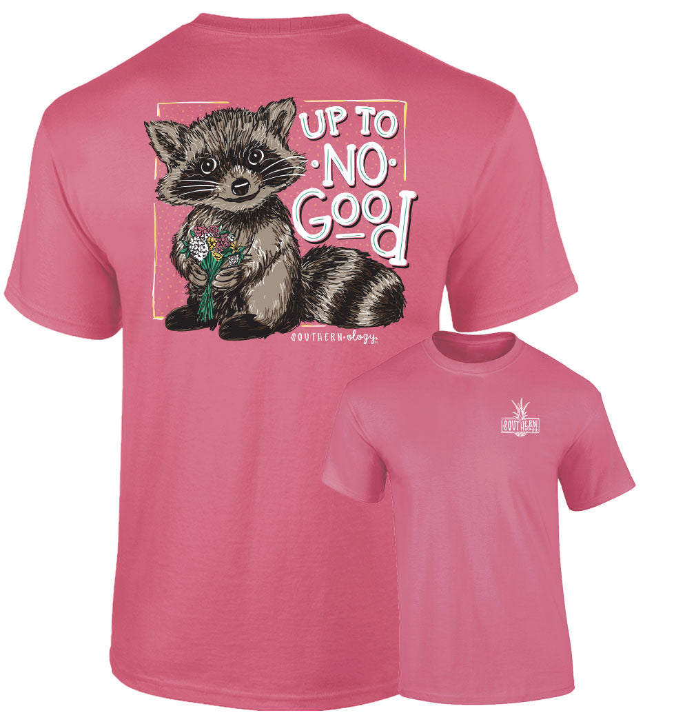 Pink t-shirt with raccoon graphic and text on the back, displayed on a white background.