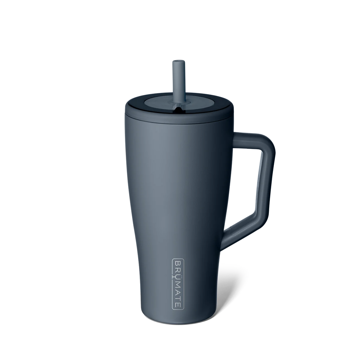 Dark gray mug with handle and straw lid on a white background