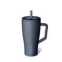Dark gray mug with handle and straw lid on a white background