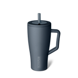 Dark gray mug with handle and straw lid on a white background