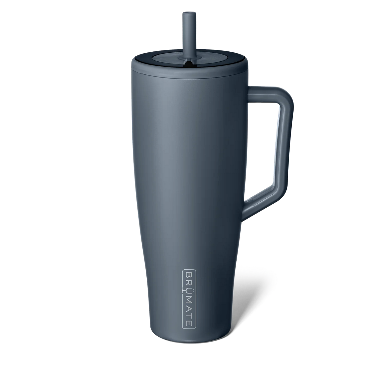 Gray insulated mug with handle and straw lid on a white background