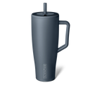 Gray insulated mug with handle and straw lid on a white background