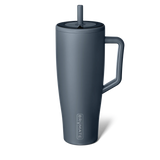 Gray insulated mug with handle and straw lid on a white background