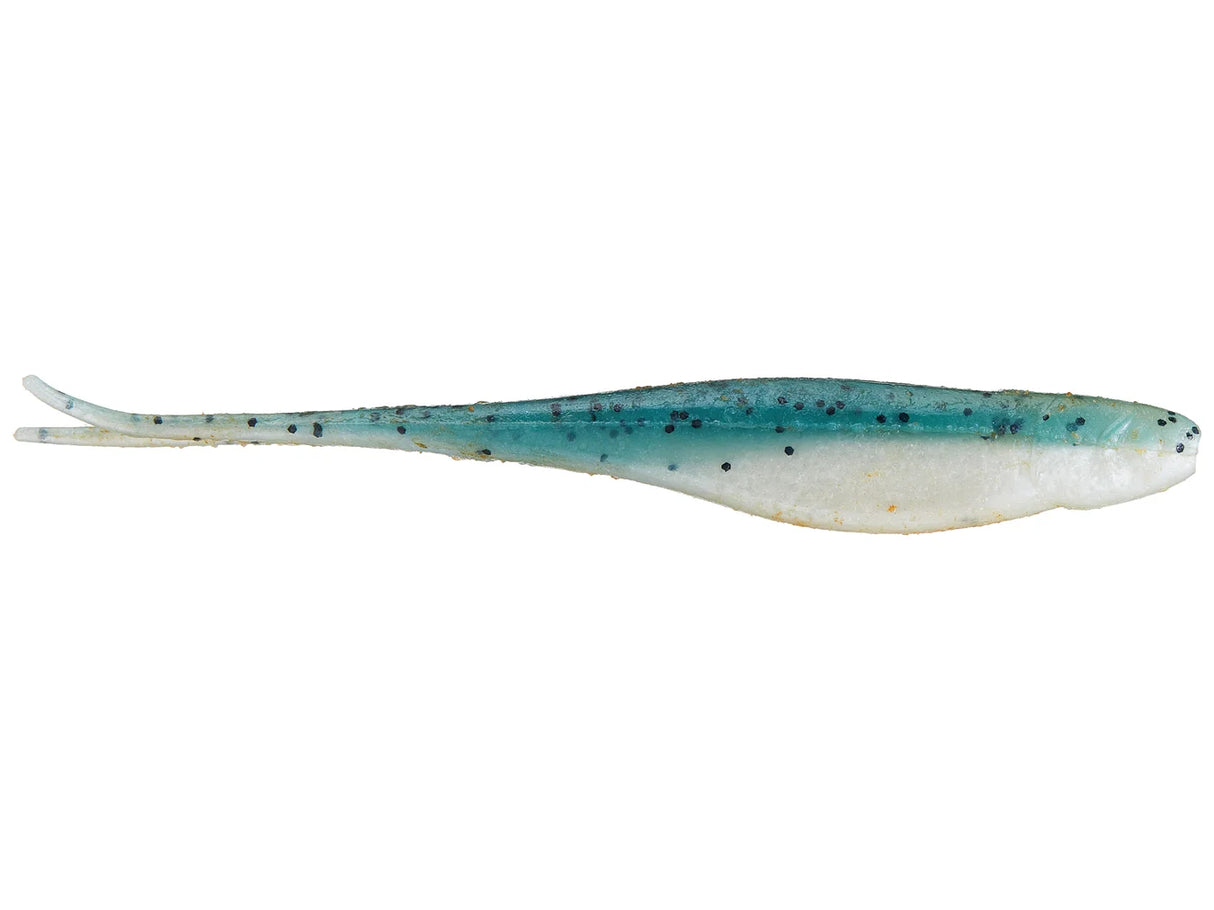 Fishing lure with blue and white pattern on a white background