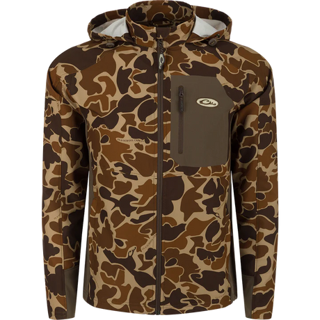 Camouflage jacket with a brand logo on a white background