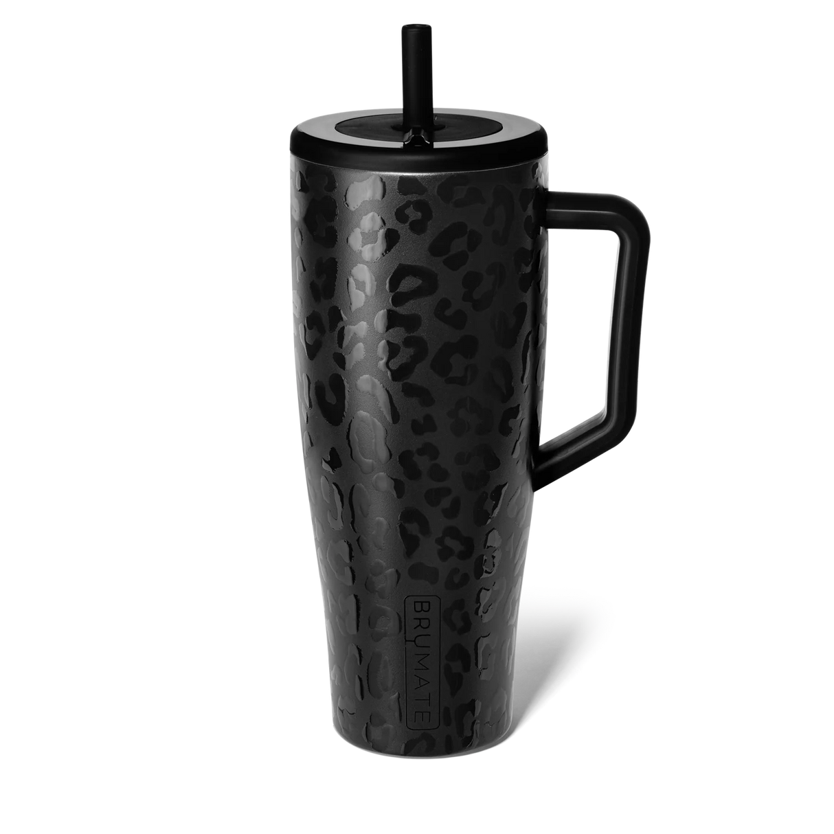 Black leopard print mug with handle and straw lid on a white background