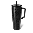 Black leopard print mug with handle and straw lid on a white background