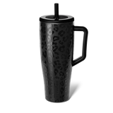 Black leopard print mug with handle and straw lid on a white background