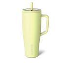 Light green insulated mug with handle and straw lid on a white background