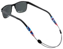 Sunglasses with a colorful strap on a white background