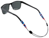 Sunglasses with a colorful strap on a white background